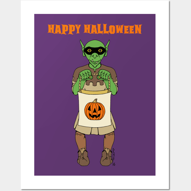 Trick-or-Treating Goblin Happy Halloween Wall Art by AzureLionProductions